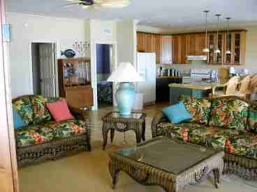 The living room features lots of seating with cable TV and DVD.  There is a view of the beach and coastline from the sliding glass doors that open out onto a covered deck. 