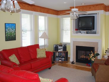 Bright and cheerful.  The living area offers comfy sofas and great movies.