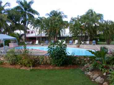 View of tropical garden and pool