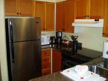 Compact but fully equipped kitchen, new stainless appliances.